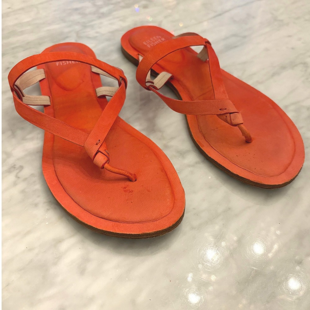 Eileen Fisher‎ Orange Leather Thong Sandals Flip Flop Women Size 8